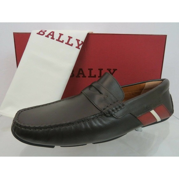BALLY PIOTRE CHOCOLATE LEATHER WEB LOGO DRIVER PENNY LOAFERS 11 D US 44 ITALY main image 4